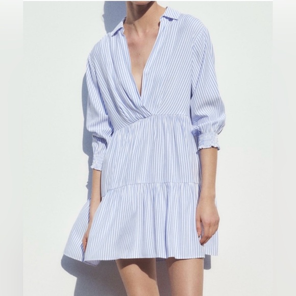 Zara Dresses & Skirts - Zara NWOT Women’s Blue & White Vertical Striped Tiered Mini Dress, Size Large.